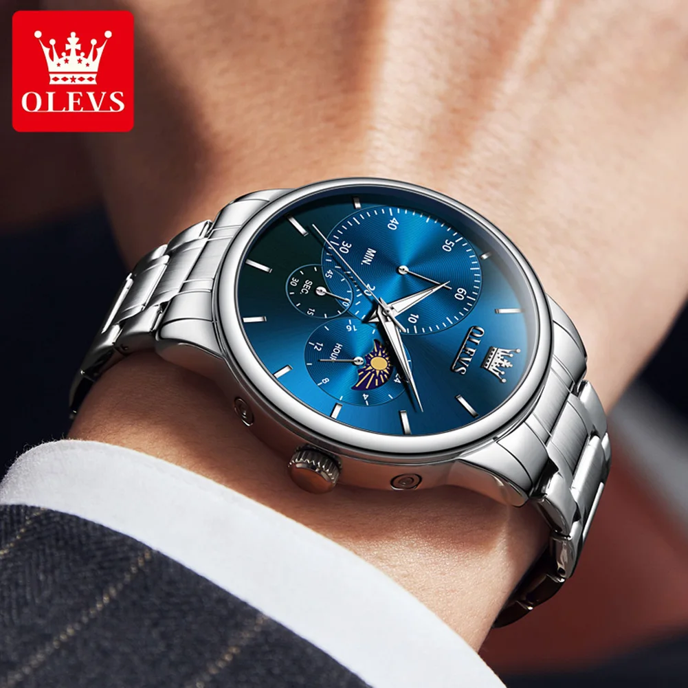 OLEVS 2936 Chronograph Quartz Watch For Men Moon Phase Original Hand Clock Top Brand Fashion Waterproof Stainless Steel Watches