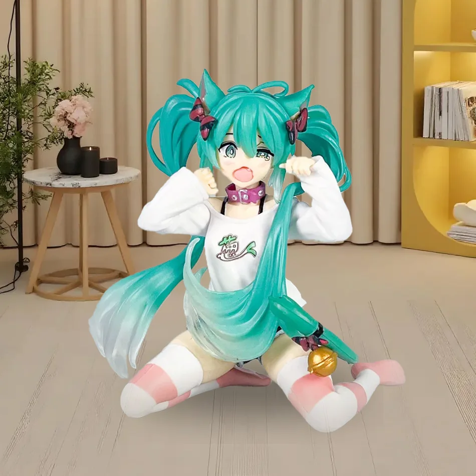 Anime Hatsune Miku Figur 11cm Katzenohren Langarm-T-Shirt Kniende Animationsfigur Spielzeug Geschenk PVC Sammlerstück Dekorative Ornamente