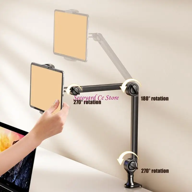 N3UC Adjustable Tablets Holder with Clamp Base for Desk, 360 Rotating Aluminum Arm for 4.6 to 13Inch Devices, Black for Bedside