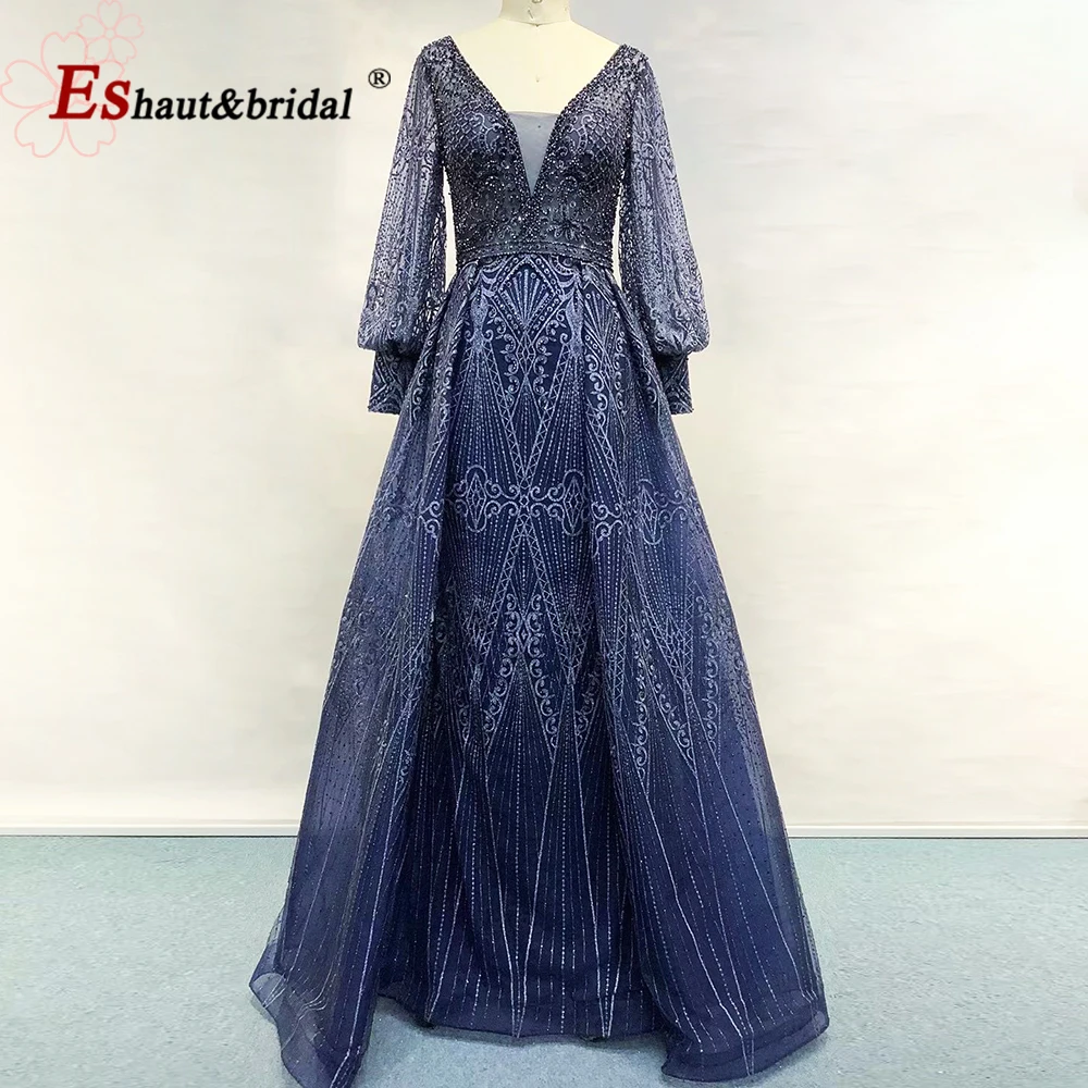 Vestidos de Noche elegantes de encaje de Dubái para mujer, vestido Formal de sirena de cristal con mangas largas y cuello en V, vestido de fiesta de boda personalizado 2024