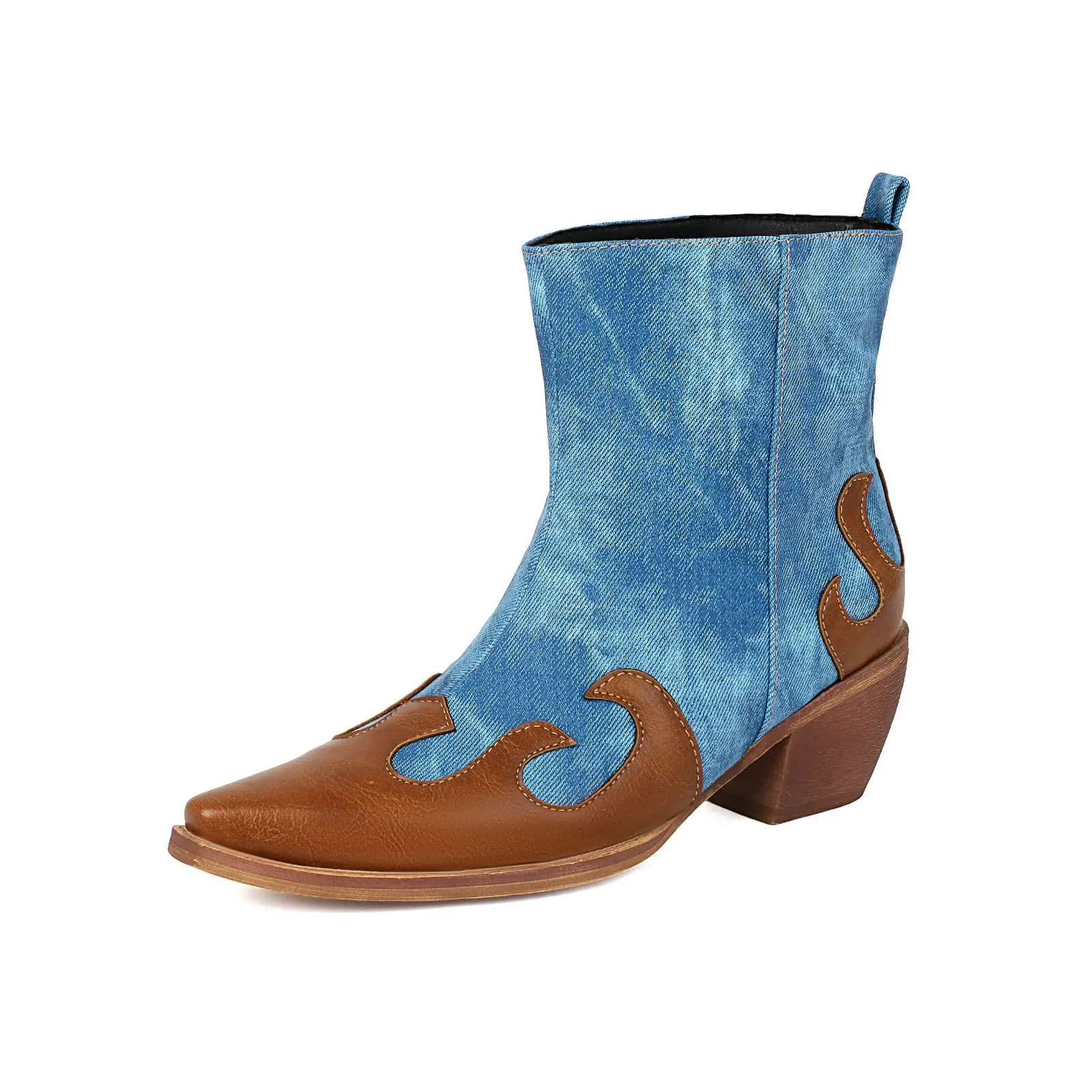 

Ковбойские сапоги в стиле вестерн для женщин, ботильоны в стиле ретро, джинсовая кожаная обувь разных цветов на массивном каблуке в стиле пэчворк