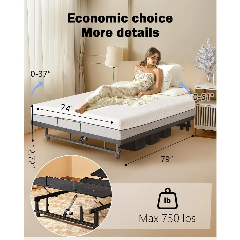 King Size Adjustable Bed Frame with Quiet Motor - Head & Foot Incline, Zero Gravity, Wireless Remote Control, Easy Installation