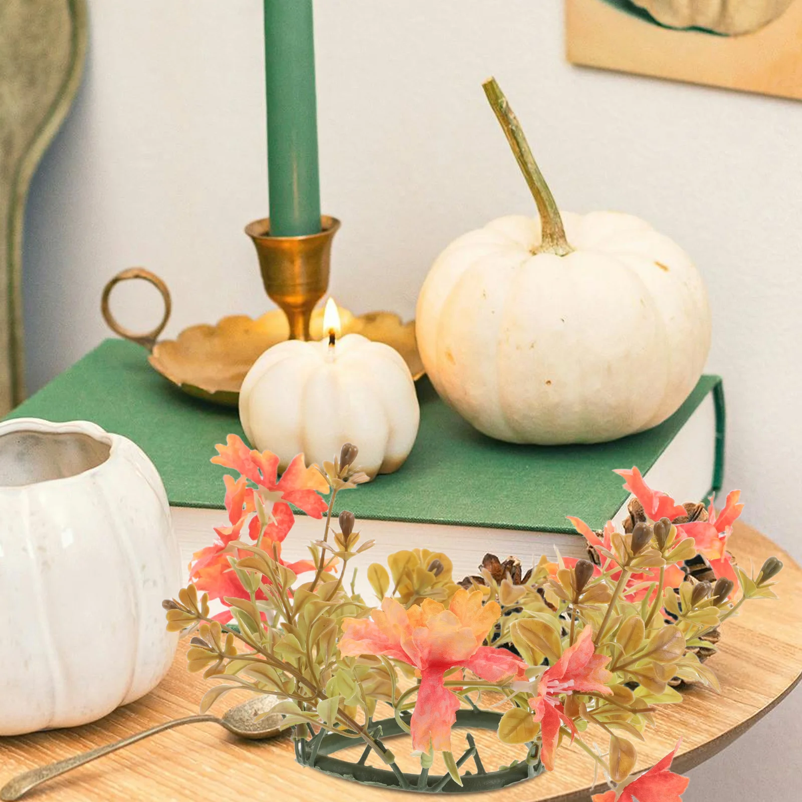 

Artificial Flower Ring Wreath Fall Thanksgiving Autumn Wedding Table Decor Tealight Holder Realistic Wreath Mini Fall