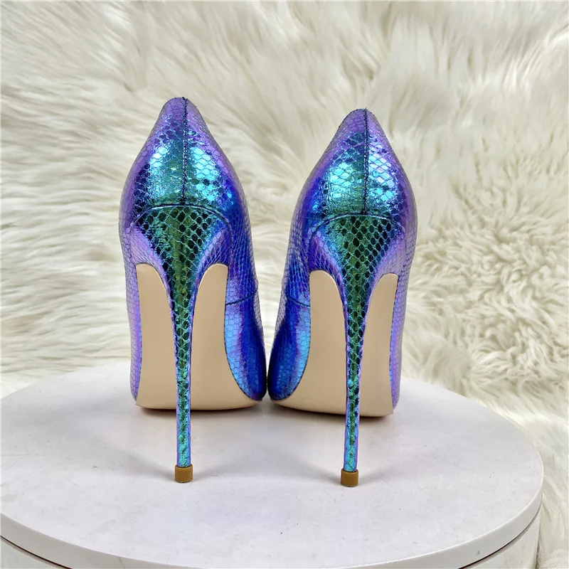 Heelgoo Laser Blue Embossed Snakeskin Women Sexy Pointy Toe High Heel Shoes Gorgeous Evening Club Party Dress Stiletto Pumps