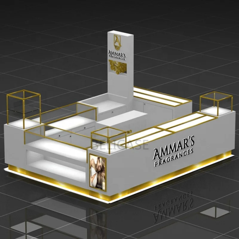 

2025customized. luxury perfume kiosk with LED light high-end glass perfume display counter mall kiosk design perfume