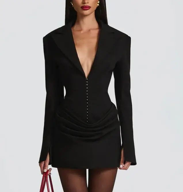 

Women's Dress 2026 Spring Fashionable New British Style Sexy Lapel Waist Pleated Patchwork Design Professional Women Suit Dress