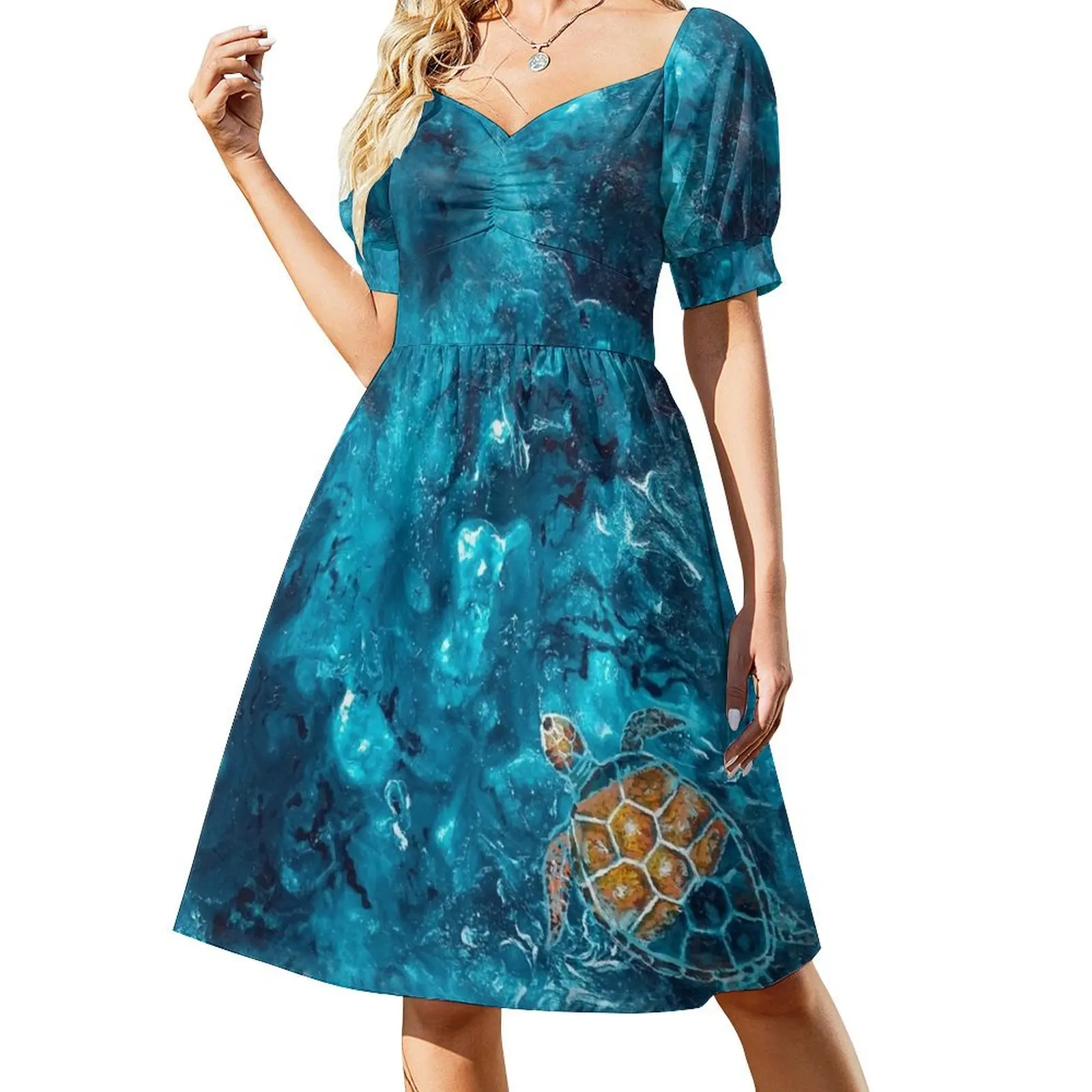 

Painted Turtle In Aqua Waters Short-Sleeved Dress Dresses gala birthday dress for women luxury 2025 cute dress