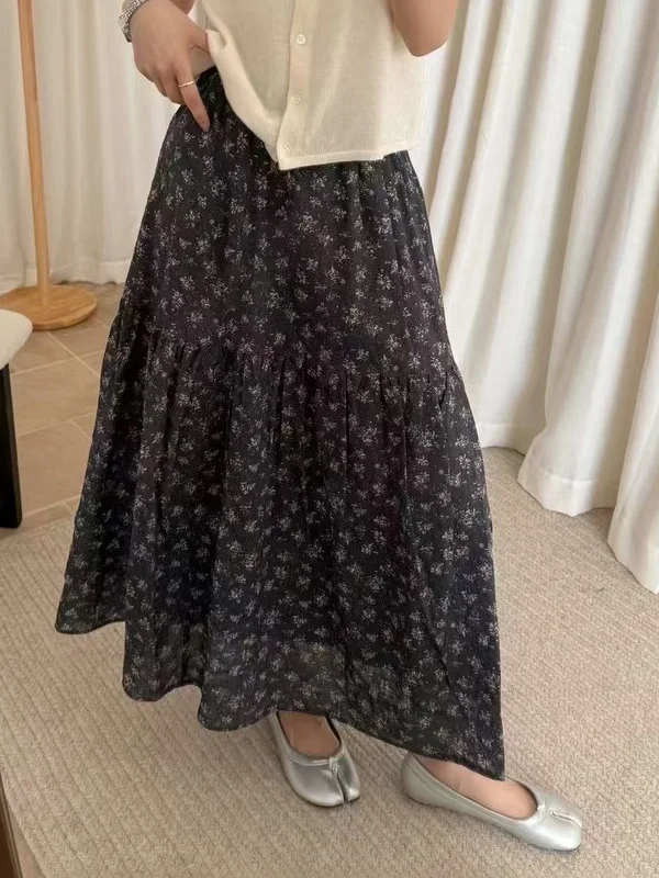 

Authentic 2025 Autumn Cotton Linen Elastic Waist Floral f Skirt Draped Lazy Sle A-Line Umbrella Skirt Women's Casual