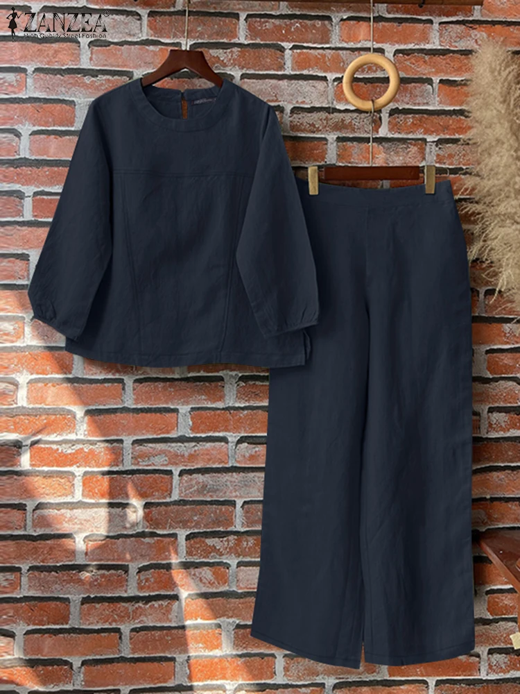 2024 ZANZEA Vintage Suit Summer Women Tracksuits Autumn O Neck 3/4 Sleeve Blouse Pant Sets 2PCS Casual Solid Outfits Oversize