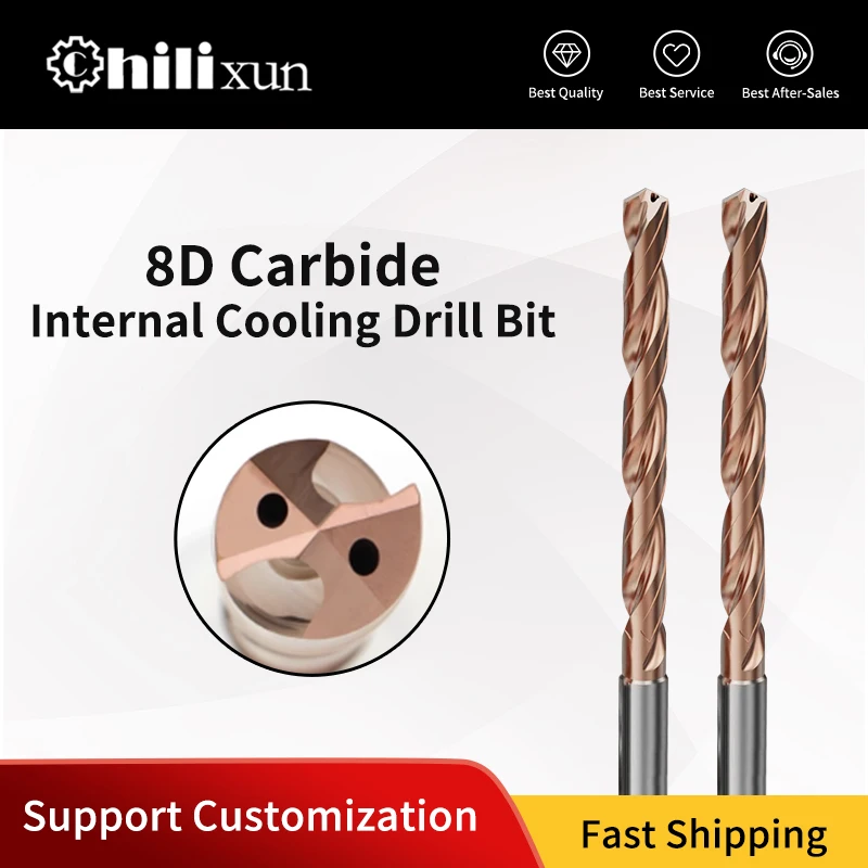 

HILIXUN Carbide Drill 8xD CNC Long Deep Hole Machining Coated Flute Internal Coolant for Steel Metal Tool Diameter 3-16mm