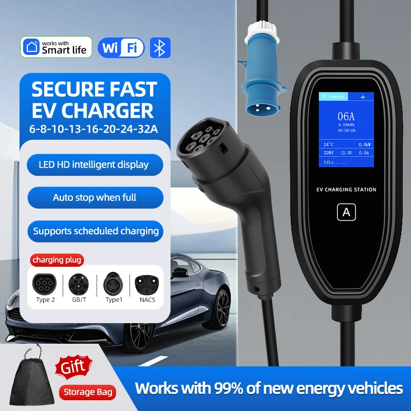 

7.36KW-7.6KW 32A Portable EV Charger 5M 10M GBT Type1 Type2 TS-NACS EVSE Charging Box Controller Wallbox For Current Adjustable