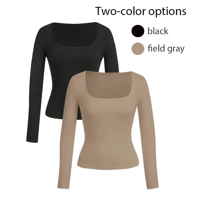 

Yoga square neck tight fitting base shirt for women, high elasticity slim fit and slimming, front shoulder long sleeved t-shirt