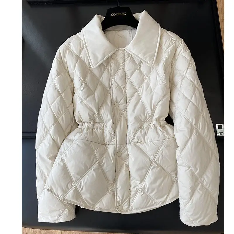 

Vintage Plaid Cotton Coat For Women Winter Lightweight Lapel Solid Color Slim Fit Warm Short Quilted Jacket Female Outerwear