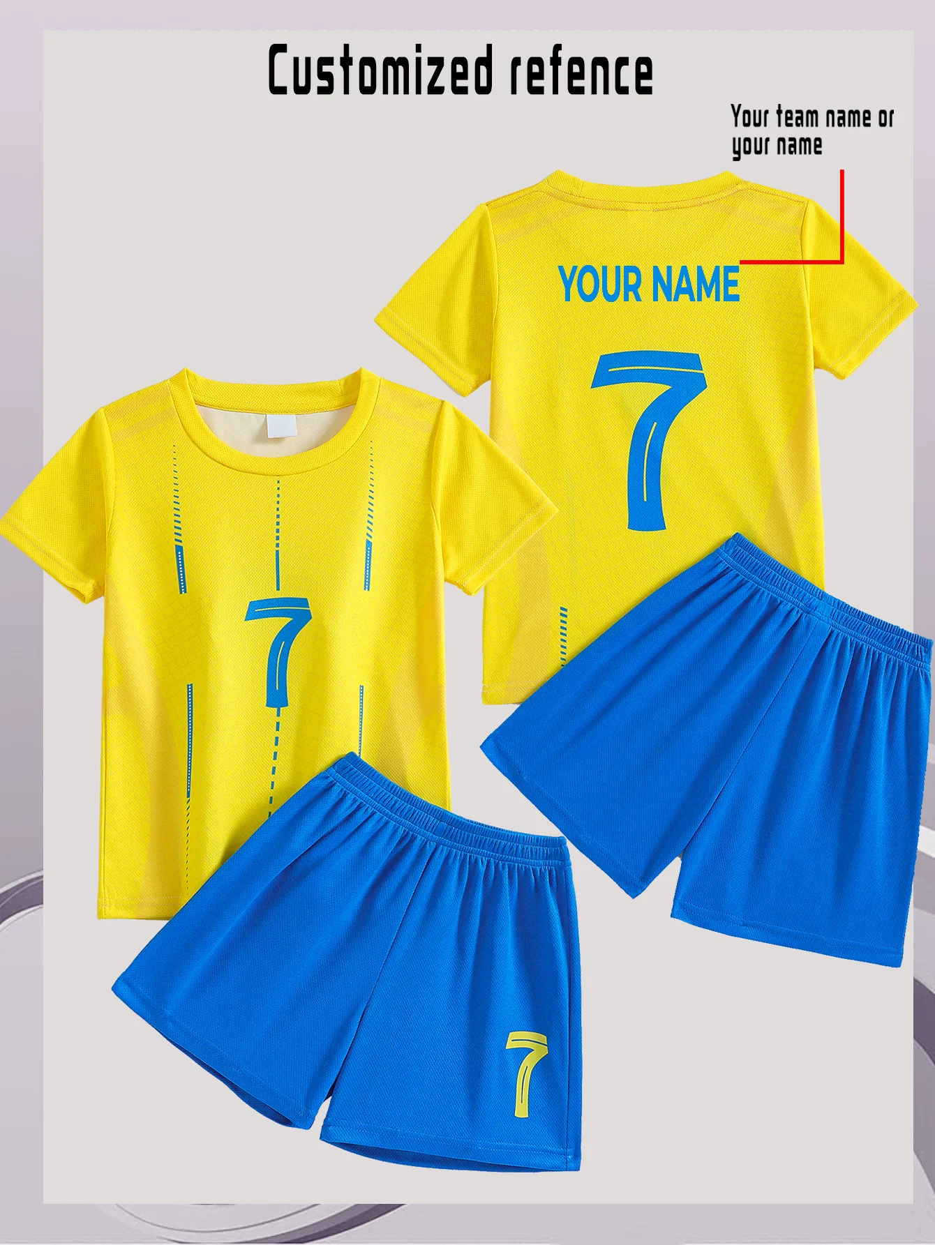 Kids And Teens Lightweight Quick-Dry Soccer Uniform Set for Sports Outdoor Wear Fixed Number 7 Back Name Personaliz