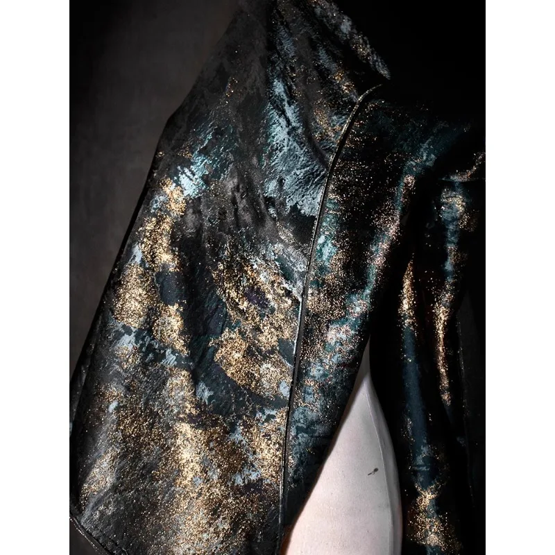 Ice Blue Gold Silk Light Retro Jacquard Fabric Creative Small Relief Texture Coat Pants Fashion Designer Fabric
