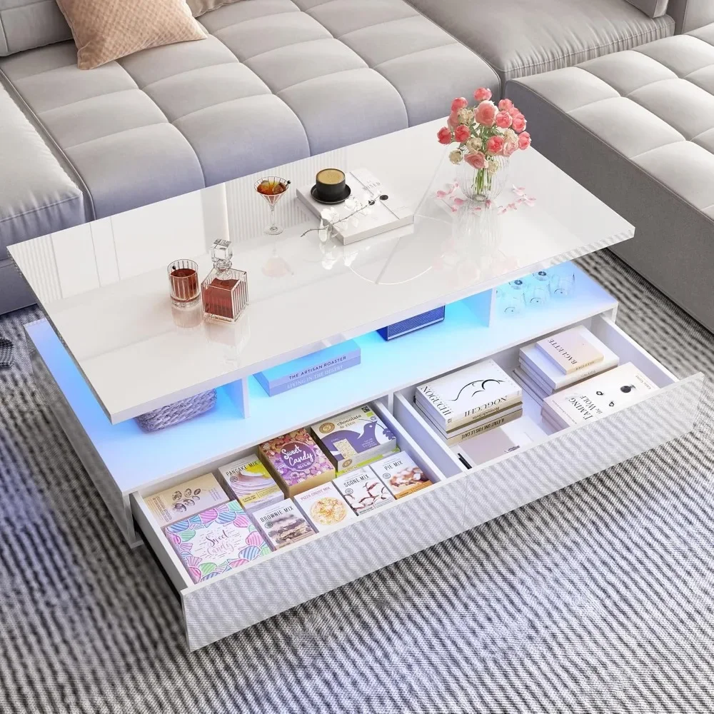 LED Coffee Table with 2 Storage Drawers, Modern Coffee Table with 60000 Colors of Lighting, Rectangular 2-story Center Table