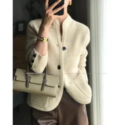 White Knitted Sweater Coat Thickened 100% Pure Cashmere Cardigan Women Stand Neck Sweater Loose Knitwear Elegant Sweater Jacket