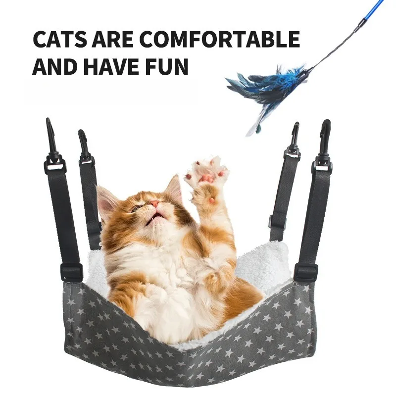 Space-saving Hanging Cat Hammock Fluffy Plush Inner Layer Secure Clip Fasteners for Metal Cage Interior Napping Small & Medium Cat Owners hammock