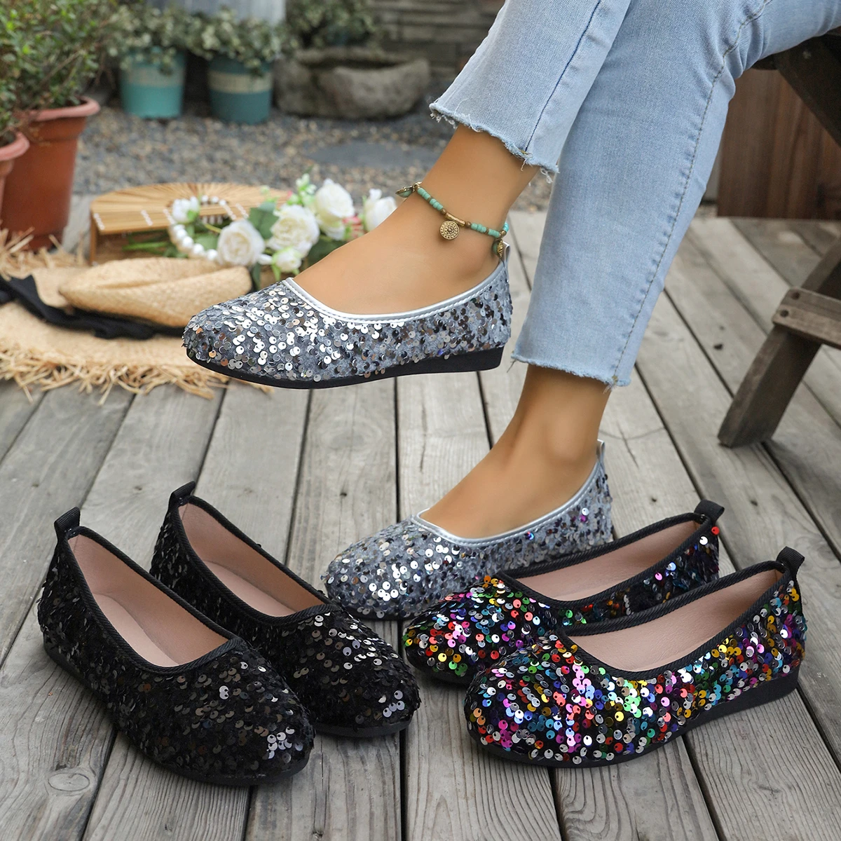 

Shallow Soft-soled Loafers and Flats for Women, 2026 New Korean Version Sequined Flat Shoes for Women