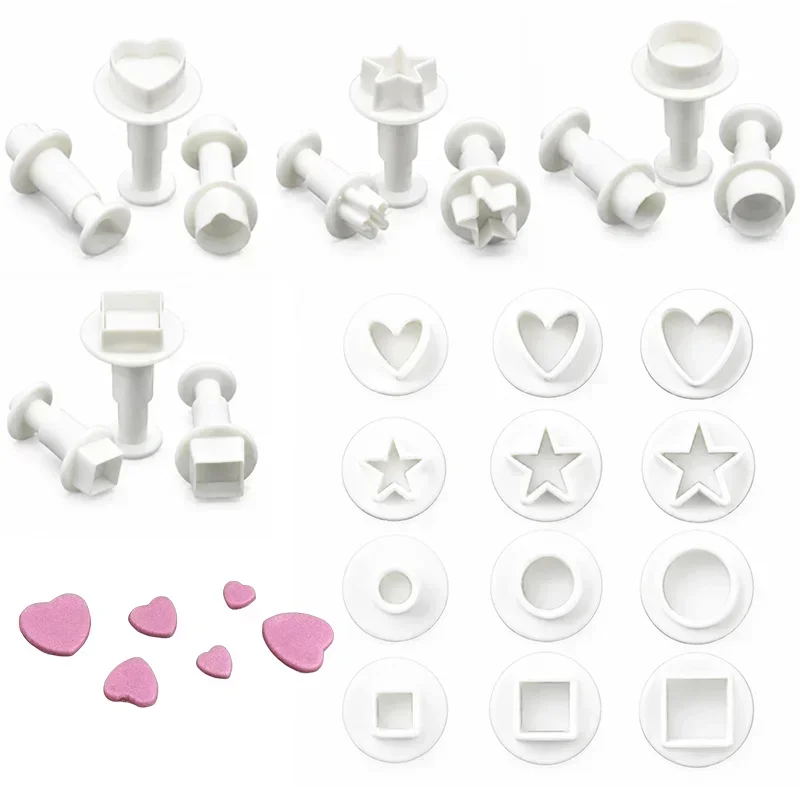 3/12PCS Spring Loaded Plastic Biscuit Cutters Set Heart Star Circle Square Fondant Cake Baking Tools ZYF
