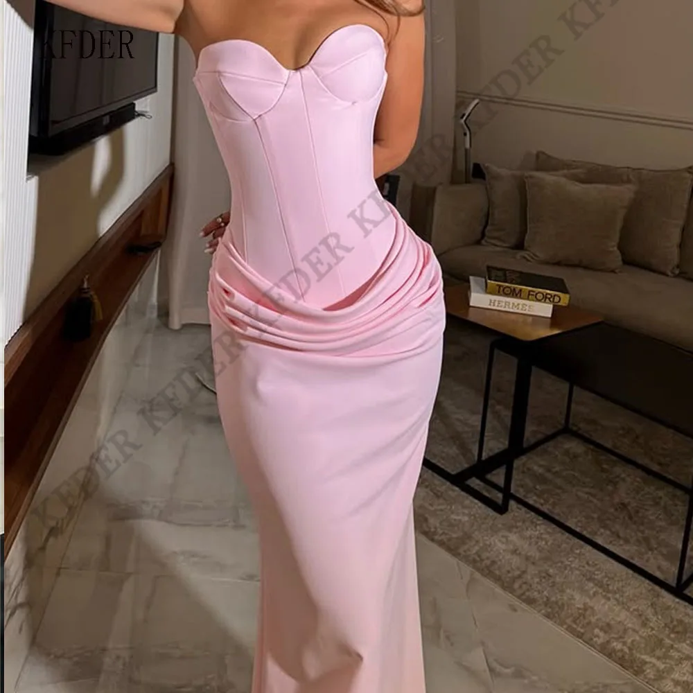 Modern Style Classic Pleat Pink Draped Strapless Long Mermaid Satin Formal Evening Party Dresses Bespoke Occasion Dress