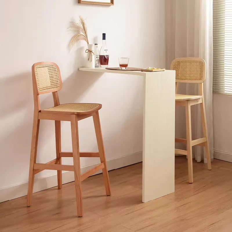 

#Modern Nordic solid wood adjustable bar stool with rattan, wabi-sabi style, with backrest, suitable for commercial hotel