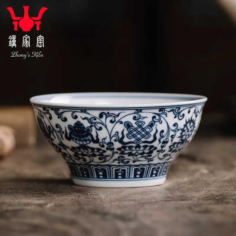 

Zhongjia Kiln Tea Cup Ceramic Jingdezhen Small Teacup Handmade Blue and White Wood Kiln Interlock Branch Lotus Tea Cup Kombucha