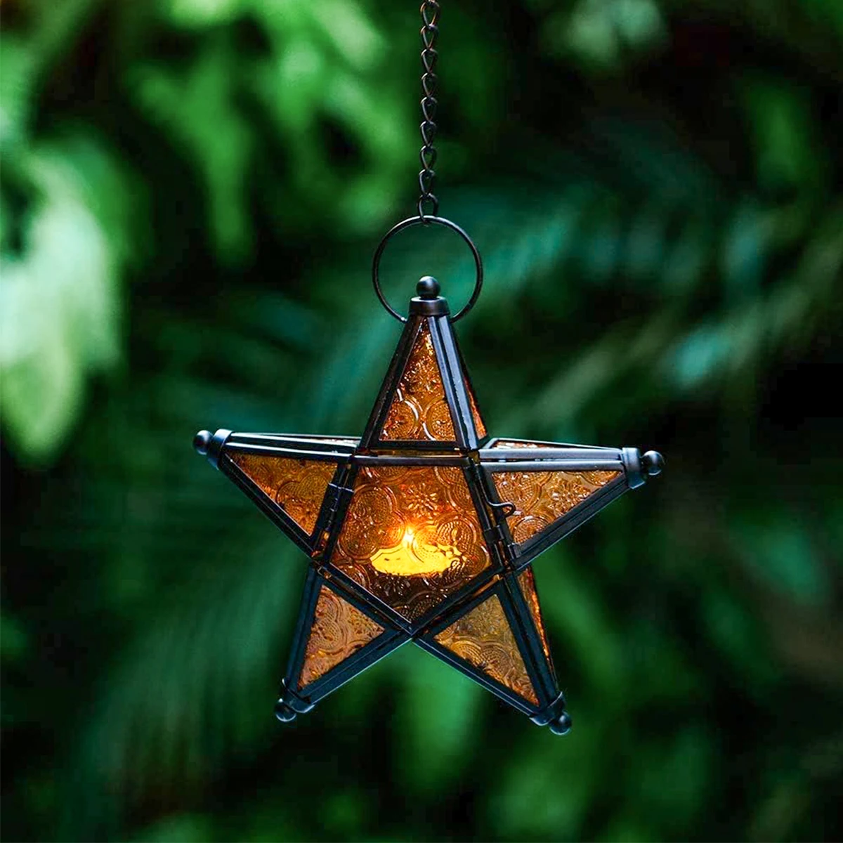 1PC Wrought Iron Stained Glass Five-Pointed Star Hanging Candle Holder, Suitable for Home, Restaurant Decoration and Gift Giving