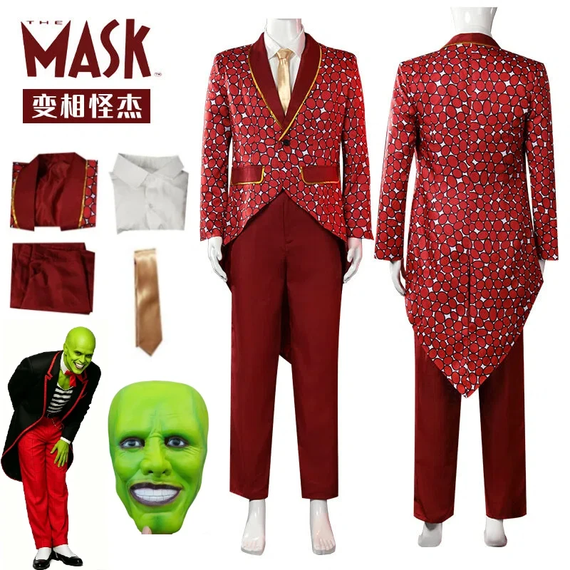 

Horror Movie The Mask Cosplay Outfit Stanley Python-patterned Red Suit Green Mask Suits and Ties Halloween Clown Perform Suit