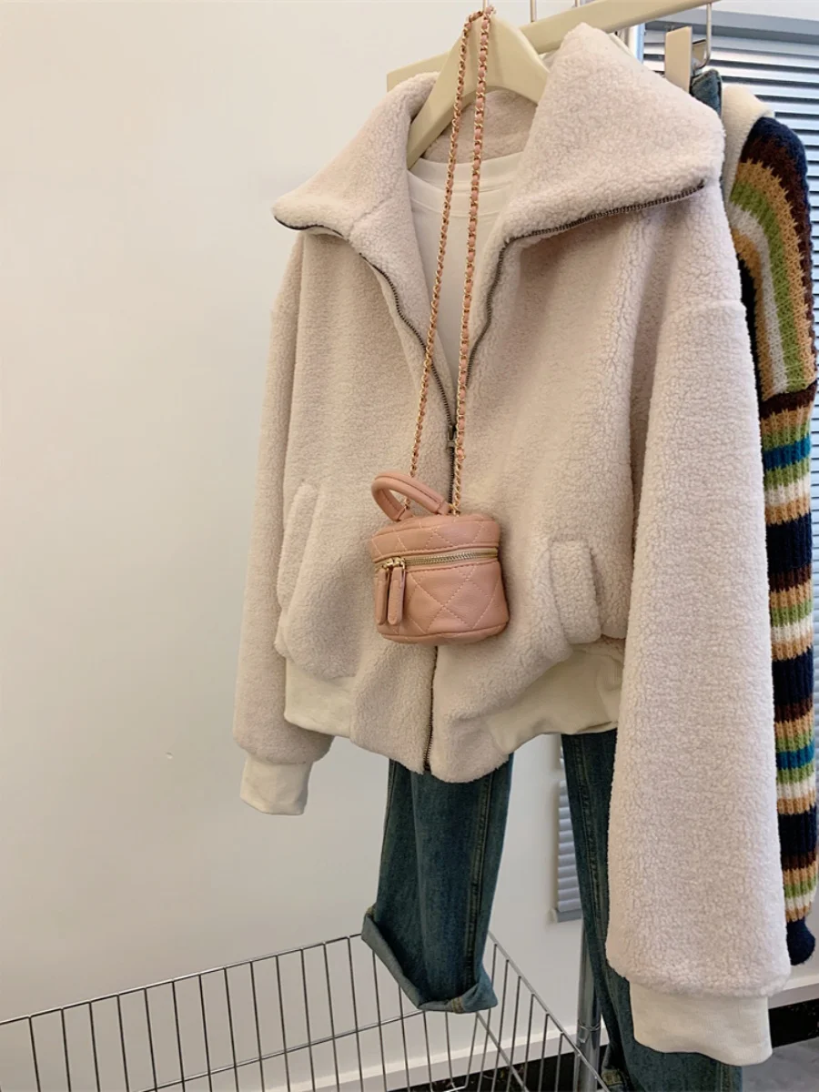 

Korean Sle Casual Thiened Lamb Fur Jaet Women's Autumn Winter Faion Anti-Aging Versatile Slimming Hoodie Coat