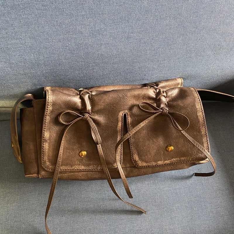 

Brand Women Fashion Tassel Pleated Tote Bag Retro Multi-pocket Shoulder Bags BOW Design Crossbody Bag Versatile Leather Handbags