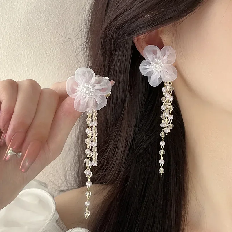 New Vintage Long Tassel Acrylic Flower Pearl Crystal Drop Earrings for Women Hyperbole Personality Large Earrings Jewelry