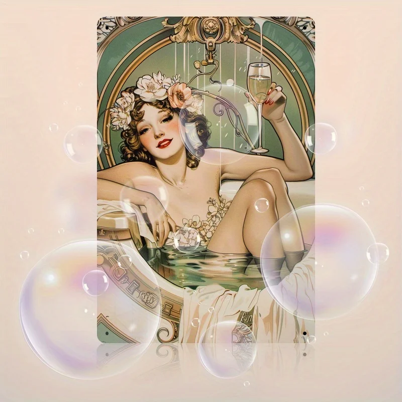 ديكور الغرفة قطعة واحدة من ديكور الغرفة - 1920s سيدة أنيقة شرب الشمبانيا في حوض الاستحمام علامة عتيقة مطلية بالقصدير، جدارية جدارية للحمام، Uniq #2