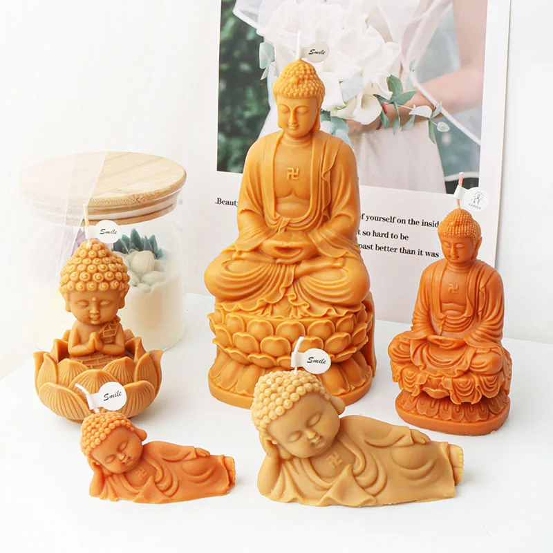 Recumbent Buddha Statue Candle Silicone Mold Closed Eye Meditative Sakyamuni Sculpture Gypsum Candle Resin Mould Religious Decor