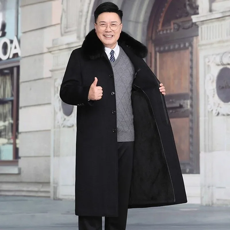 

2023 New Middle-Aged Men Casual Woolen Coat Men Winter Thickened Long Over-the-Knee Warm Loose Large Size Wool Trench Outwear