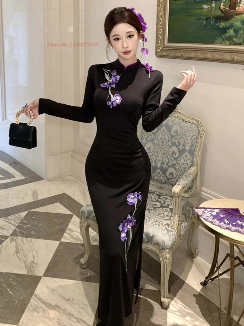 

Китайский сексуальный Cheongsam 2021, улучшенное Ципао, винтажное вечернее платье с цветочной вышивкой, традиционное платье для банкета, ночного клуба, Ципао