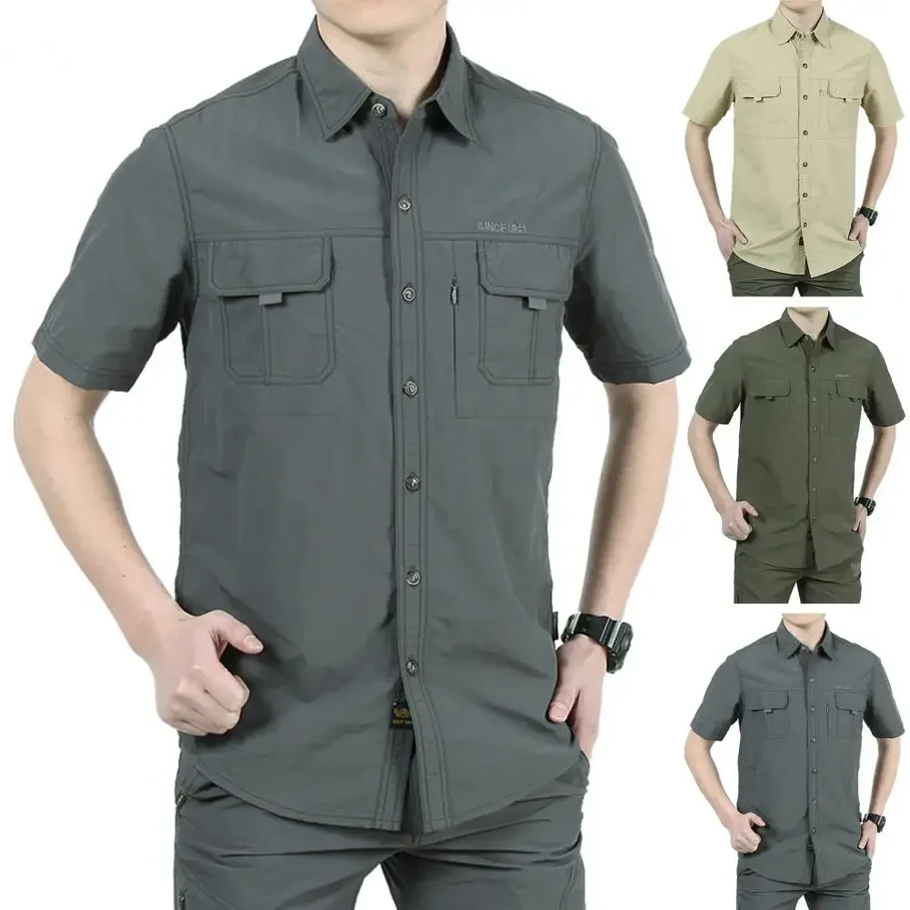 Summer Men Short Sleeve Shirts Quick Dry Turn Down Collar Tactical Shirt Outdoor Hiking Camping Fishing Clothing