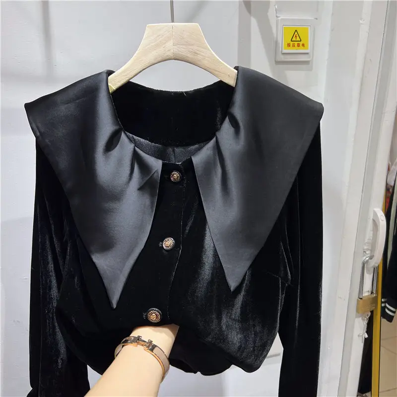 OCEANLOVE Black Peter Pan Collar Vintage Shirts&blouses Velevet Autumn Winter Elegant Women Tops Solid Basics Blusas Mujer