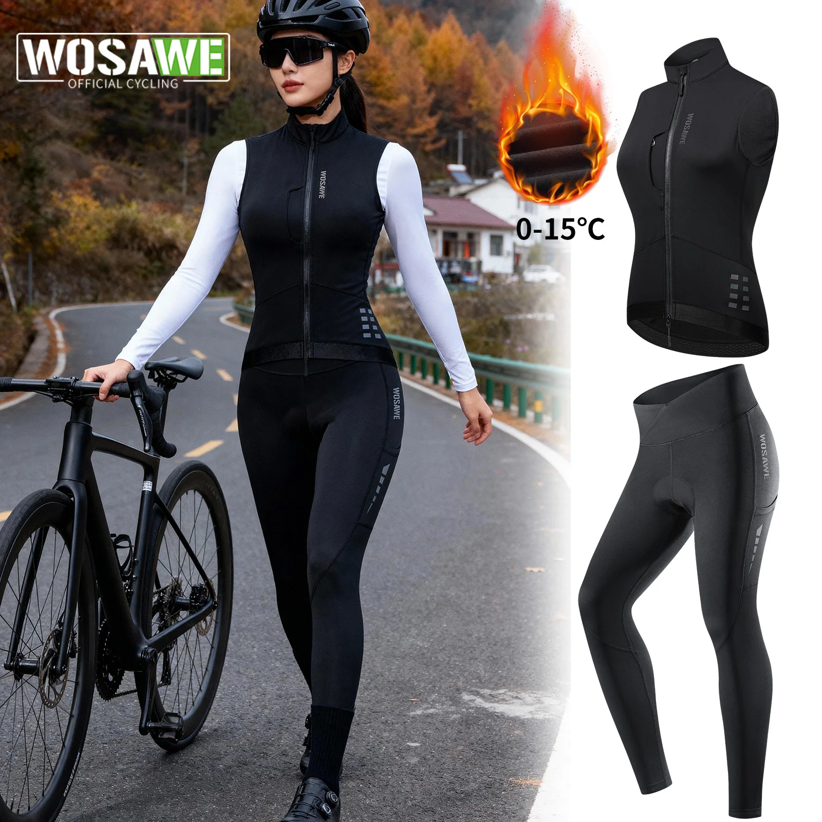 

WOSAWE Women's Warm Cycling Jersey Set Long Sleeve Winter MTB Bike Clothing Road Bicycle Vest Set Padded Long Pants Sets