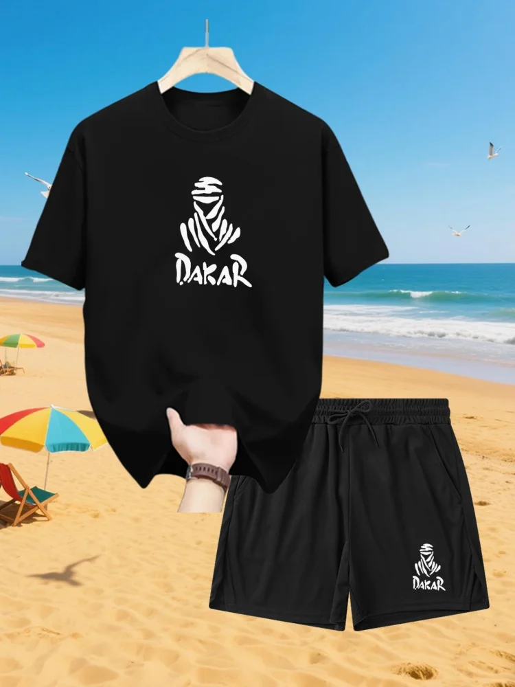 

MEN'S outdoor Dakar print shorts 2PCs sets 3D print two piece suit o-neck T shirt fashion male sweatshirt suit clothes