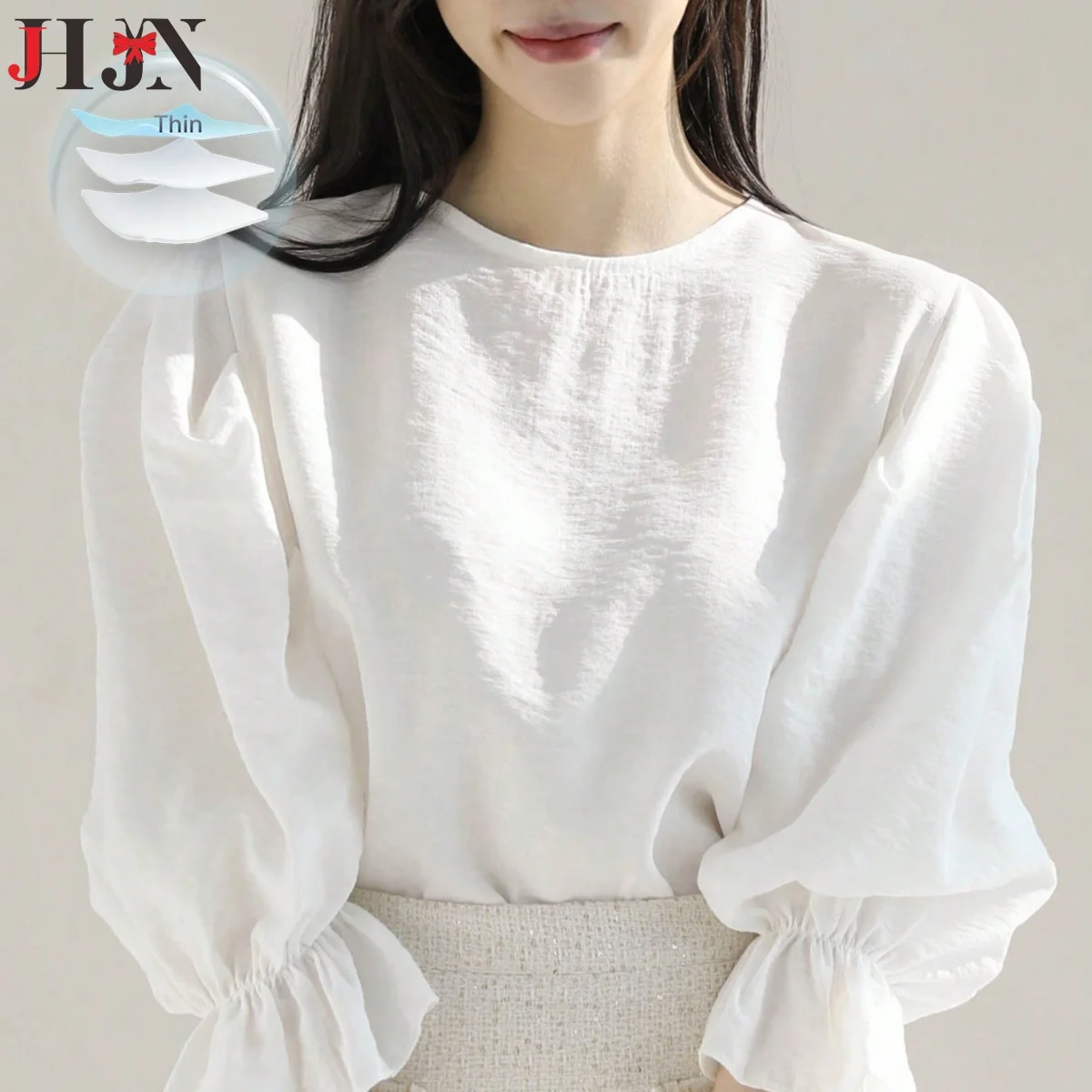 

JHJN 2025 Women's Summer Lightweight Round Neck Flare Sleeve Blouse - Korean Japanese Style Elegant White Shirt