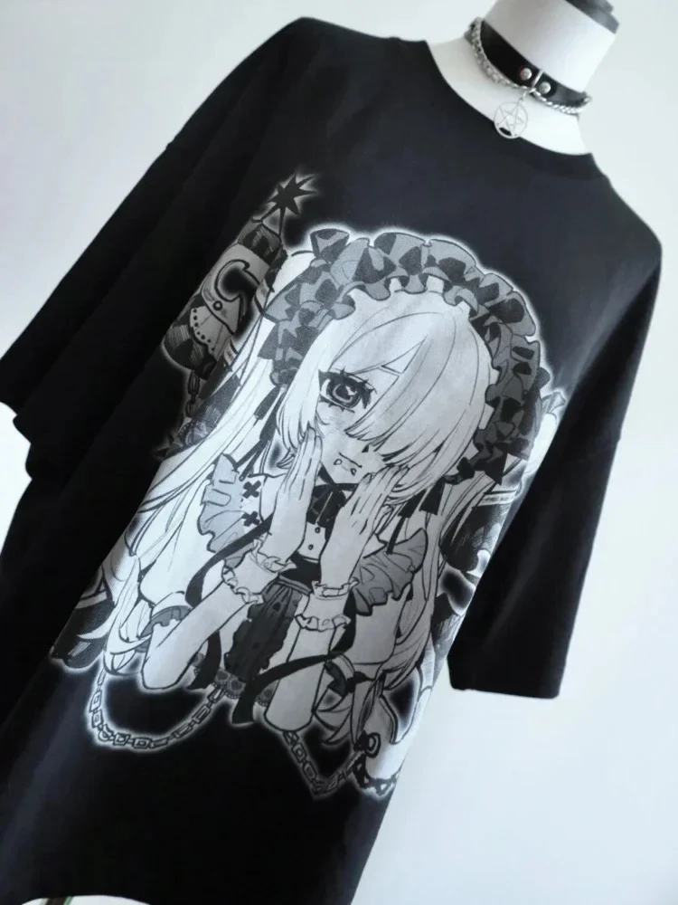 Gothic Cartoon Print Y2k T-shirts Women Harajuku Summer Casual Black Graphic Vintage Tops Black Subculture Tees Japanese T Shirt