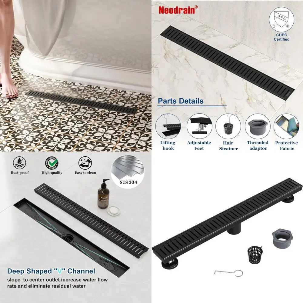 

Matte Black Linear Shower Drain with Removable Capsule Grate, 304 Stainless Steel, Bathroom Floor Liner Drainage System