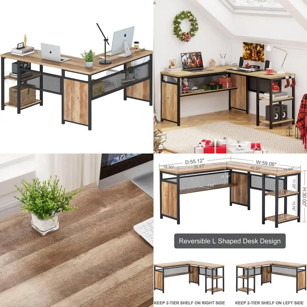 

Industrial Rustic Corner Desk with Metal Legs, Wood Shelves, 59 L-Shaped Home Office Desk in Rustic Oak