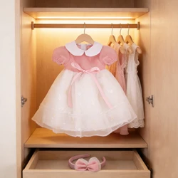 Różowa sukienka dla lalek z dużą kokardą dla 43 cm Baby New Born Doll Śliczna elegancka spódnica dla lalek 18 cali American&Og, Russia Girl Dolls