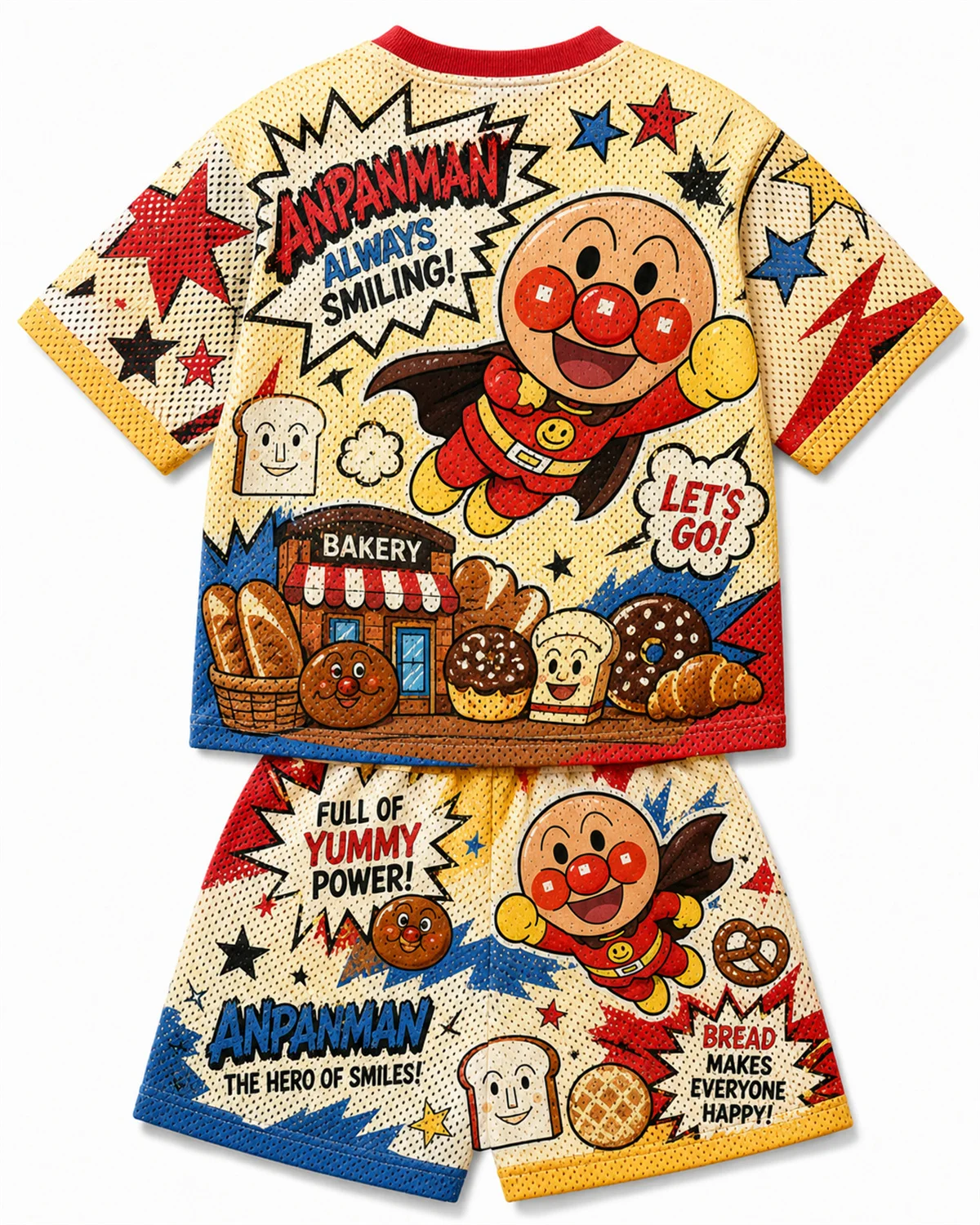 Vintage Graffiti Anpanman Cartoon Mesh Tracksuit Kids Breathable Short Sleeve T Shirt Shorts 2Pcs Summer Casual Outfit