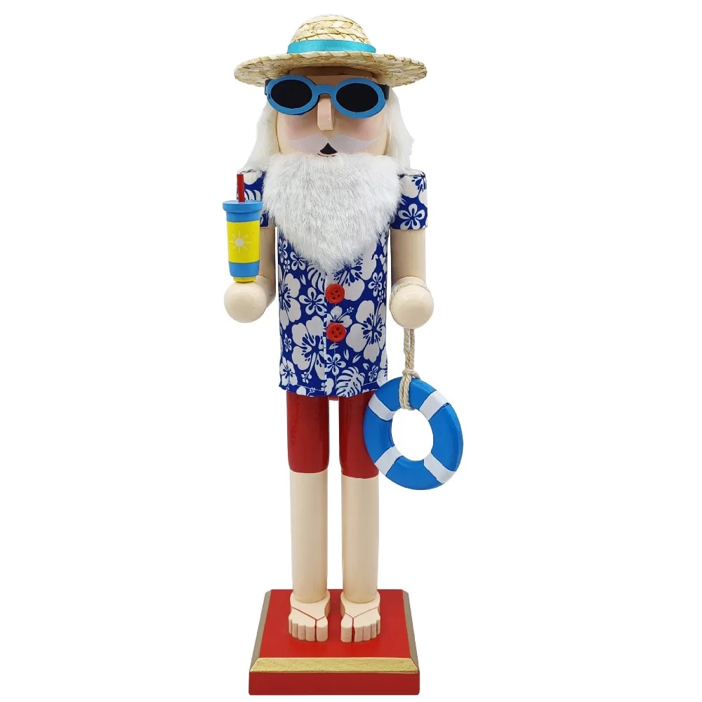

Hawaiian Wooden Santa Claus Nutcracker Tropical Beach Christmas Decoration with Hawaiian Shirt Fashion Glasses Surfboard