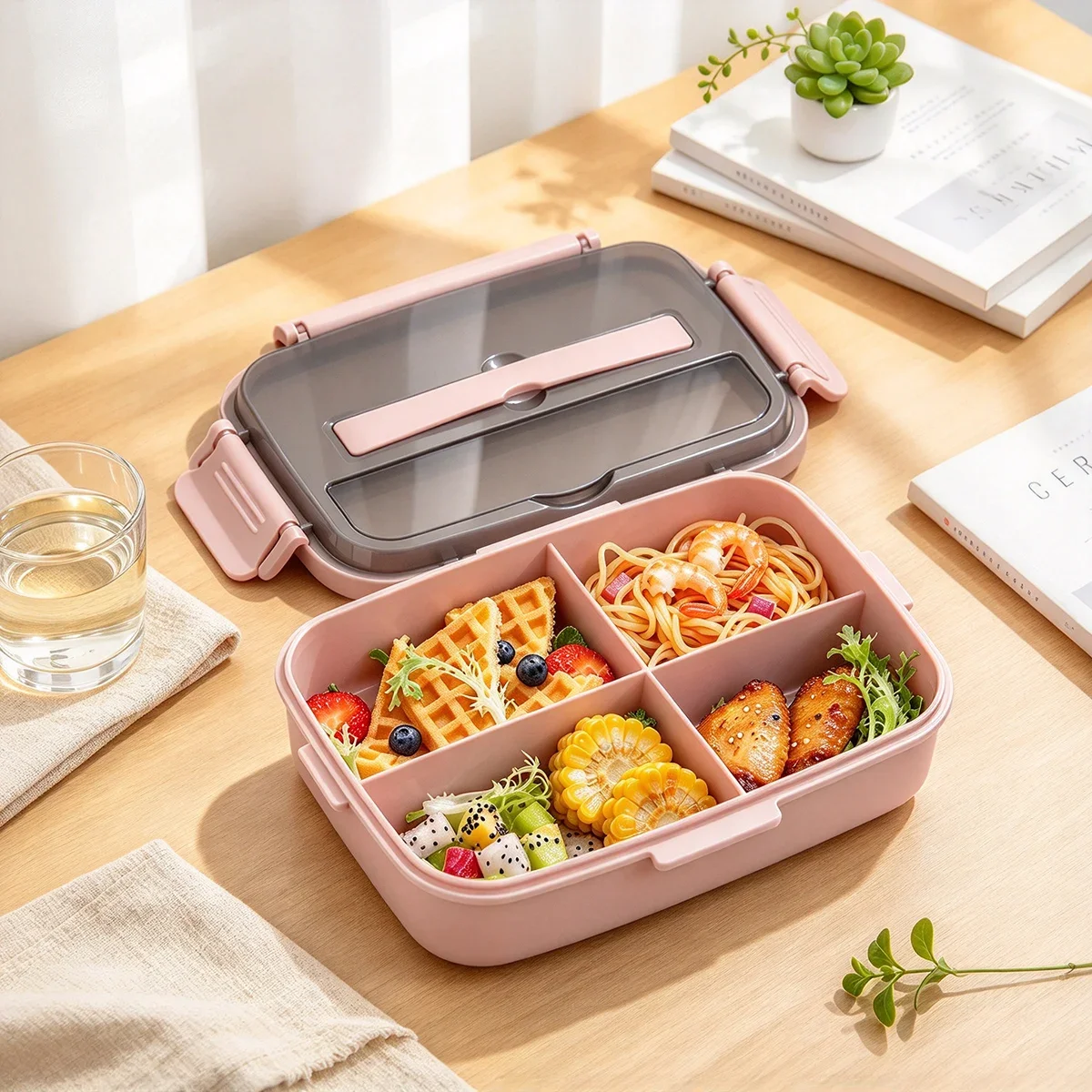 1pc Portable Bento Lunch Box with 4 Divided Sections Leakproof Food Container for Adults Kids Kitchen Tool