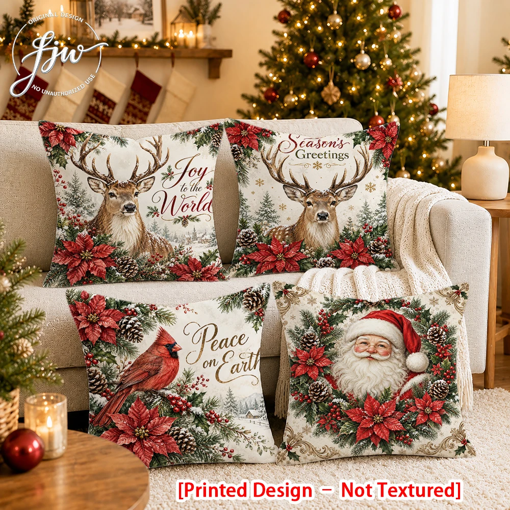 2/4pc Christmas Throw Pillow Covers Vintage Farmhouse Cushion Cases with Santa Deer Cardinal Holiday Decor for Home Sofa Couch