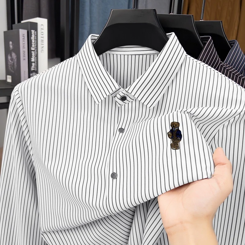 Men's Luxury Quality Embroidery Print Shirt Autumn New Color Blocking Stripes Lapel Long Sleeved Top Casual Versatile Men's Wear